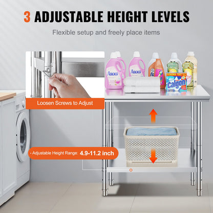 Stainless Steel Prep Table, 900x600x800 mm, 700 lbs Load Capacity, Heavy Duty Metal Worktable with 3 Adjustable Height Levels, Commercial Workstation for Kitchen Garage Restaurant Backyard