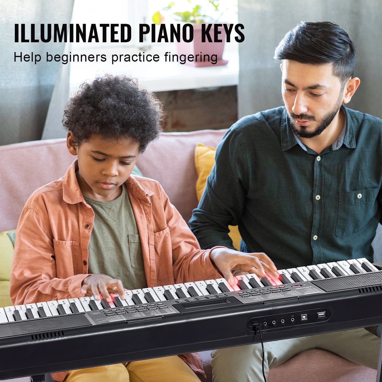61 Key Digital Keyboard Piano, Lighted Keys, Electric Portable Piano with Adjustable Stand 600 Tones 500 Rhythms Built-In Speakers Sustain Pedal Headphones, USB MIDI for Beginners