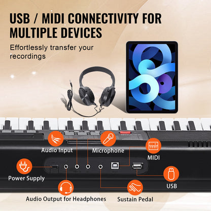 61 Key Digital Keyboard Piano, Lighted Keys, Electric Portable Piano with Adjustable Stand 600 Tones 500 Rhythms Built-In Speakers Sustain Pedal Headphones, USB MIDI for Beginners