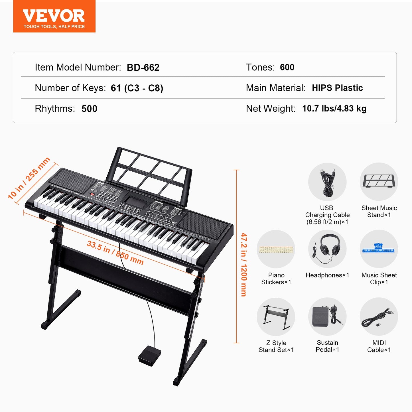 61 Key Digital Keyboard Piano, Lighted Keys, Electric Portable Piano with Adjustable Stand 600 Tones 500 Rhythms Built-In Speakers Sustain Pedal Headphones, USB MIDI for Beginners