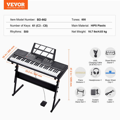 61 Key Digital Keyboard Piano, Lighted Keys, Electric Portable Piano with Adjustable Stand 600 Tones 500 Rhythms Built-In Speakers Sustain Pedal Headphones, USB MIDI for Beginners