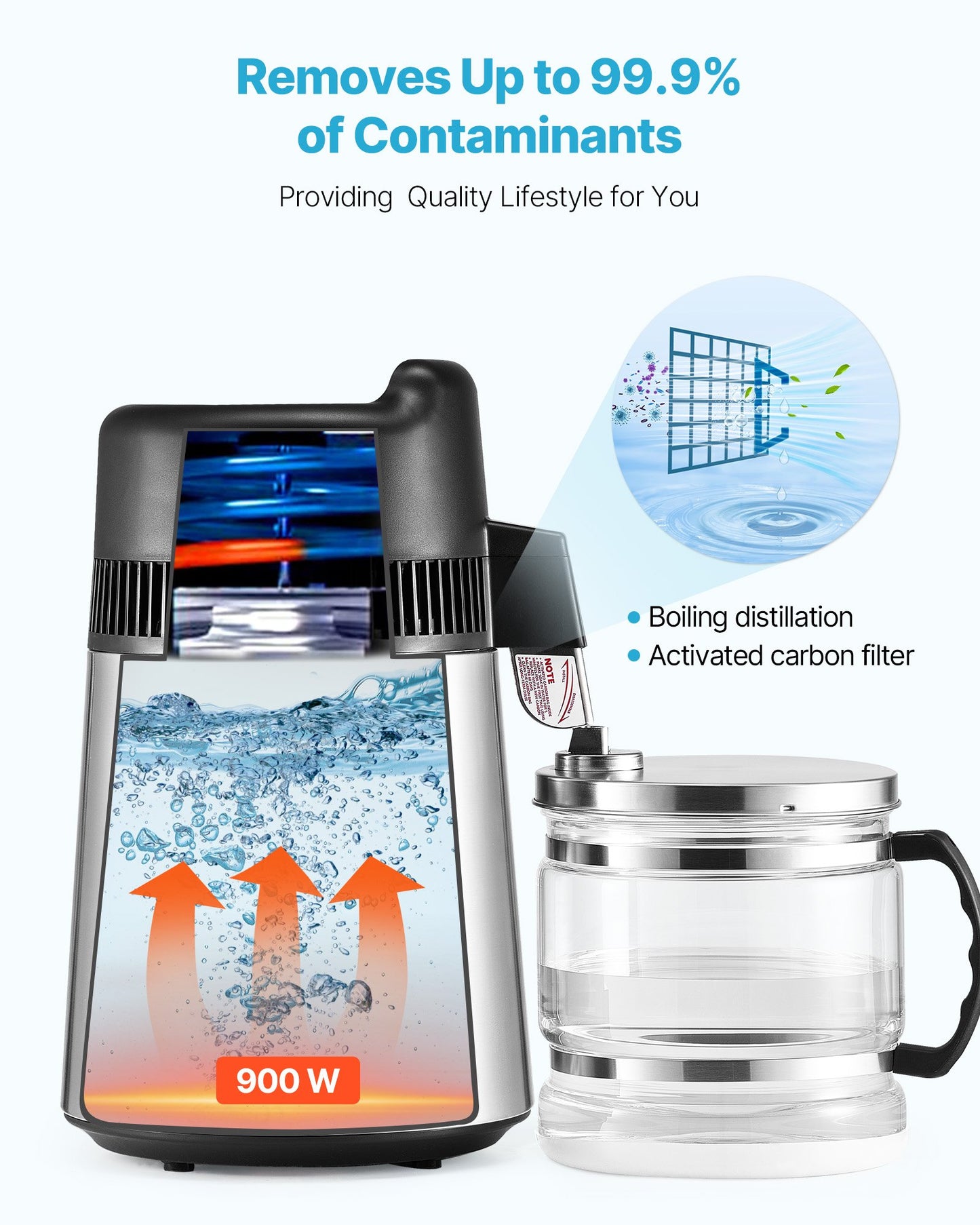 Vattendestilleri, 6L 1,6 gallon större rent vattenfilter för hemmabänkskiva, 900W destillerad bryggare i glaskruka, dricksmaskin i rostfritt stål för att göra rent vatten, silver