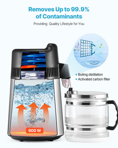 Vattendestilleri, 6L 1,6 gallon större rent vattenfilter för hemmabänkskiva, 900W destillerad bryggare i glaskruka, dricksmaskin i rostfritt stål för att göra rent vatten, silver