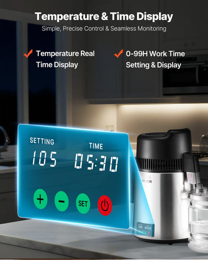 Vattendestilleri, 6L 1,6 gallon större rent vattenfilter för hemmabänkskiva, 900W destillerad bryggare i glaskruka, dricksmaskin i rostfritt stål för att göra rent vatten, silver