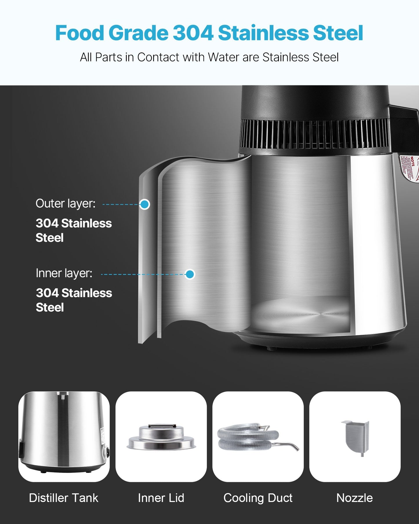 Vattendestilleri, 6L 1,6 gallon större rent vattenfilter för hemmabänkskiva, 900W destillerad bryggare i glaskruka, dricksmaskin i rostfritt stål för att göra rent vatten, silver