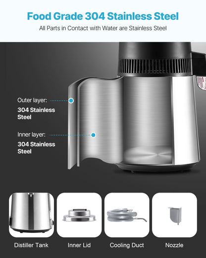 Vattendestilleri, 6L 1,6 gallon större rent vattenfilter för hemmabänkskiva, 900W destillerad bryggare i glaskruka, dricksmaskin i rostfritt stål för att göra rent vatten, silver