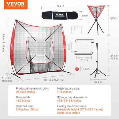 7x7 ft Baseball Softball Practice Net, Portable Baseball Training Net for Hitting Catching Pitching, Backstop Baseball Equipment with Bow Frame, Carry Bag, Strike Zone, Ball, Tee, Ball Collector