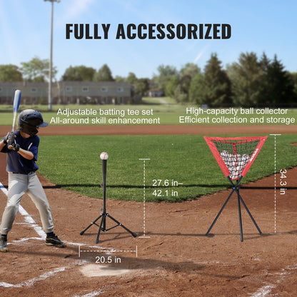 7x7 ft Baseball Softball Practice Net, Portable Baseball Training Net for Hitting Catching Pitching, Backstop Equipment with Bow Frame, Carry Bag, Strike Zone, 12 Balls, Tee, and Ball Collector