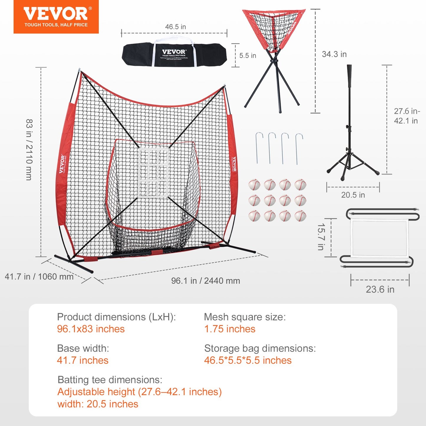 7x7 ft Baseball Softball Practice Net, Portable Baseball Training Net for Hitting Catching Pitching, Backstop Equipment with Bow Frame, Carry Bag, Strike Zone, 12 Balls, Tee, and Ball Collector