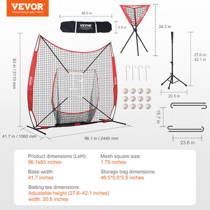 7x7 ft Baseball Softball Practice Net, Portable Baseball Training Net for Hitting Catching Pitching, Backstop Equipment with Bow Frame, Carry Bag, Strike Zone, 12 Balls, Tee, and Ball Collector