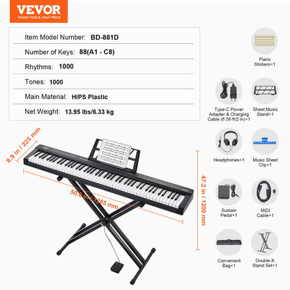 88 Key Digital Piano Keyboard, Semi Weighted Keys, Full Size Electric Keyboard Piano Set with Adjustable Stand Built-In Speakers Sustain Pedal Headphones, Bluetooth MIDI USB for Beginners