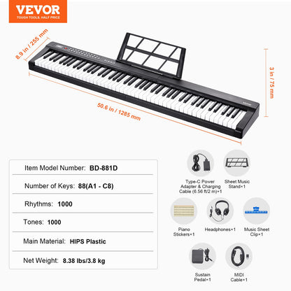 88 Key Digital Piano Keyboard, Semi Weighted Keys, Full Size Electric Portable Keyboard Piano Set with 1000 Tones Built-In Speakers Sustain Pedal Headphones, Bluetooth MIDI USB for Beginners
