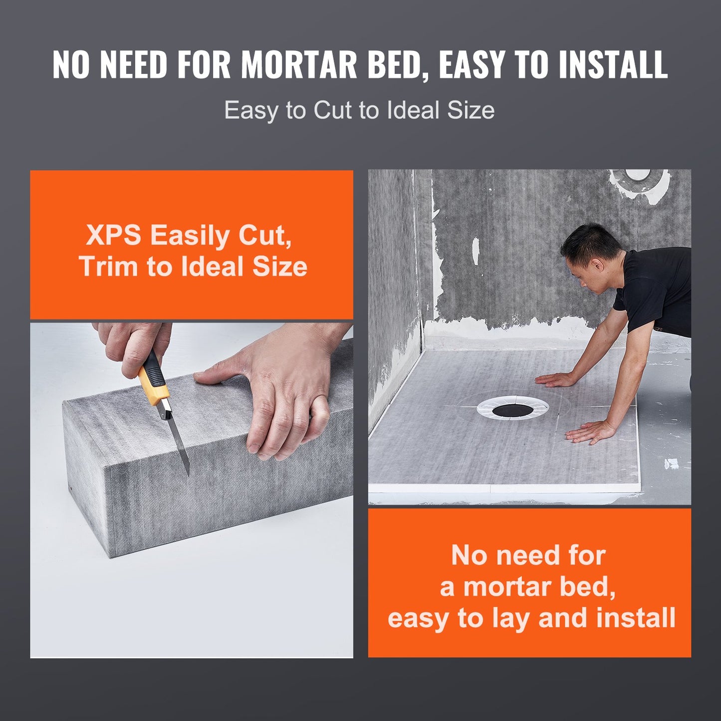 Duschkarmsats, 1219x1524 mm duschkarmsats med 50,8 mm ABS-centralfläns, vattentätt membran, galler i rostfritt stål, sluttande duschkarmar, passar för badrum