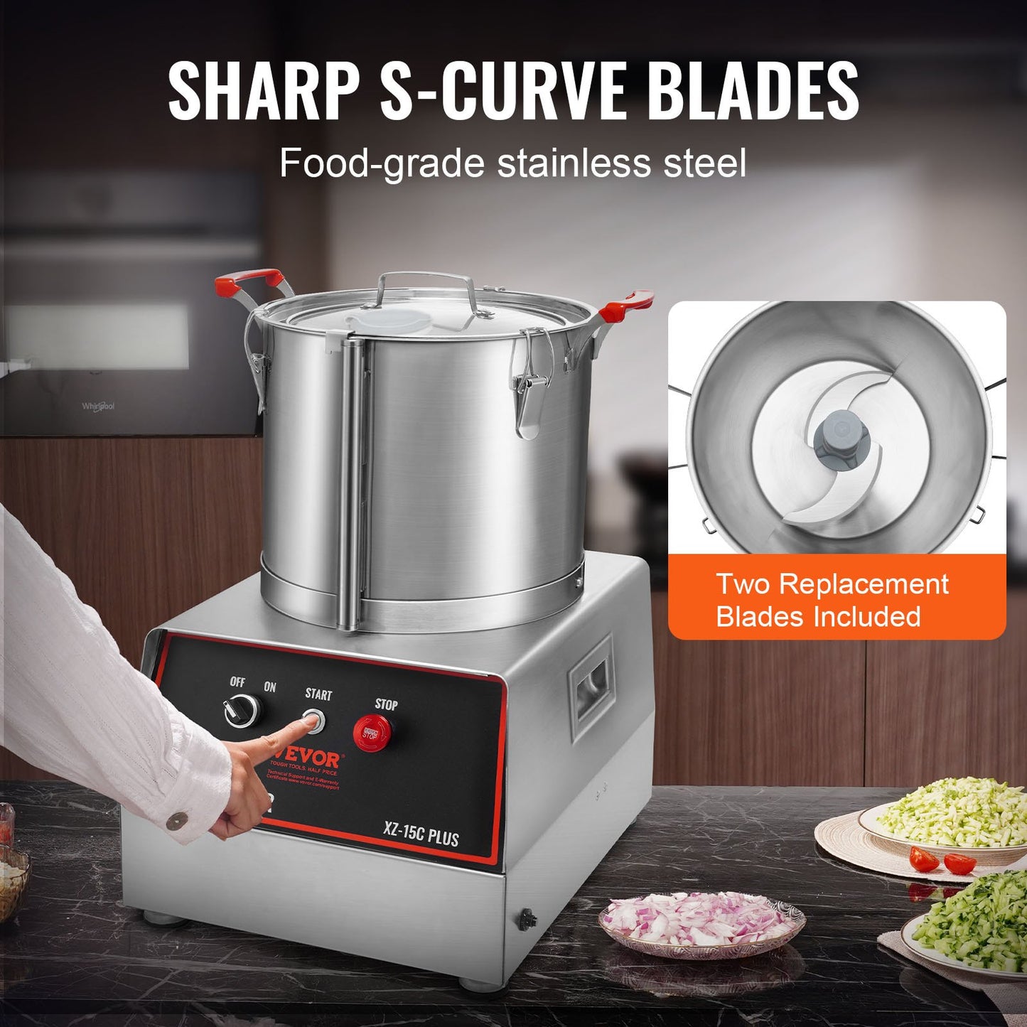 Food Processor & Vegetable Chopper, 16 Quart, 1400W Food-Grade Stainless Steel Food Processor Chopper with 2 Extra S-Curve Blades, Multifunctional for Chopping Vegetables, Meat, Grains, Nuts
