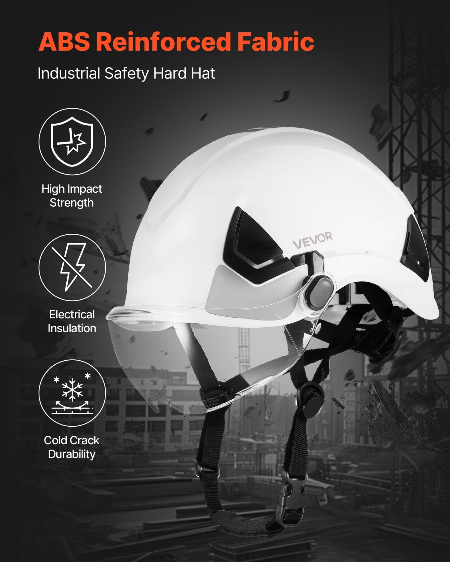 Industriell skyddshjälm, ANSI/ISEA Z89.1-godkänd ABS-hjälm med visir och 6-punkts spärrhakeupphängning, justerbar ventilerad hjälm för män och kvinnor, för utomhus- och inomhusbruk inom byggarbetskläder