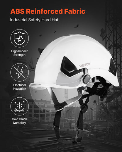 Industriell skyddshjälm, ANSI/ISEA Z89.1-godkänd ABS-hjälm med visir och 6-punkts spärrhakeupphängning, justerbar ventilerad hjälm för män och kvinnor, för utomhus- och inomhusbruk inom byggarbetskläder