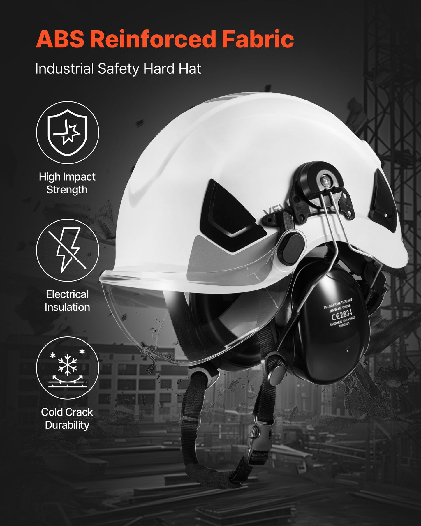 Industrial Safety Helmet, ANSI/ISEA Z89.1 Approved ABS Hard Hat with Visor & Earmuffs, 6-Point Ratchet Suspension, Adjustable Vented Hardhat for Men & Women, for Outdoor Construction Workwear
