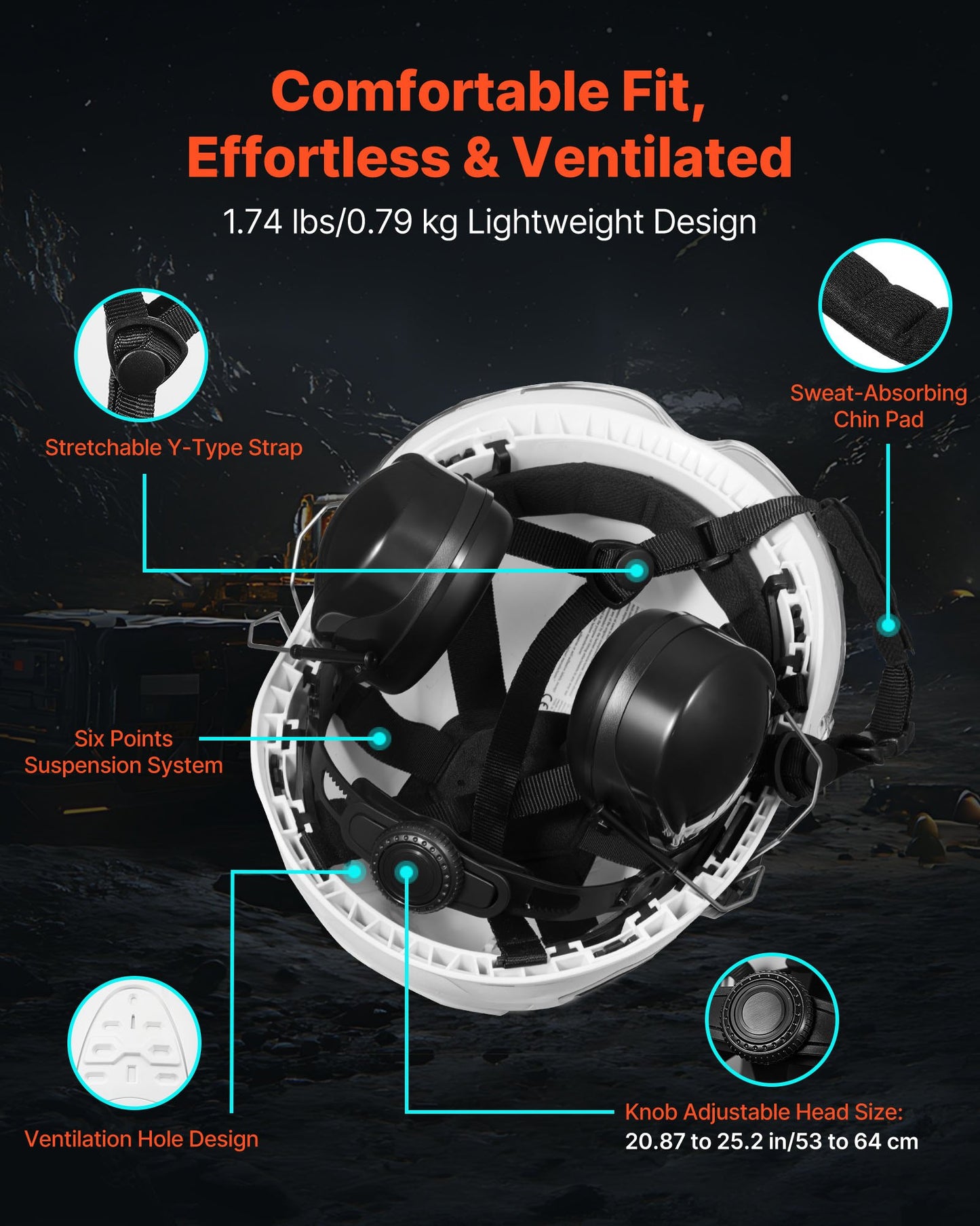 Industrial Safety Helmet, ANSI/ISEA Z89.1 Approved ABS Hard Hat with Visor & Earmuffs, 6-Point Ratchet Suspension, Adjustable Vented Hardhat for Men & Women, for Outdoor Construction Workwear