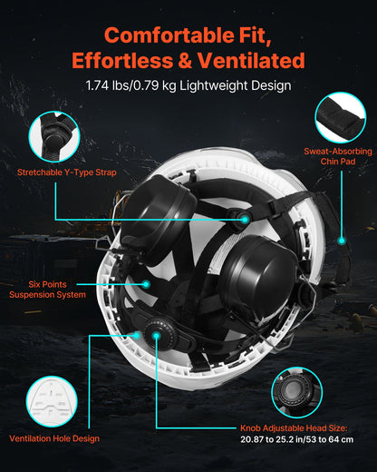 Industrial Safety Helmet, ANSI/ISEA Z89.1 Approved ABS Hard Hat with Visor & Earmuffs, 6-Point Ratchet Suspension, Adjustable Vented Hardhat for Men & Women, for Outdoor Construction Workwear