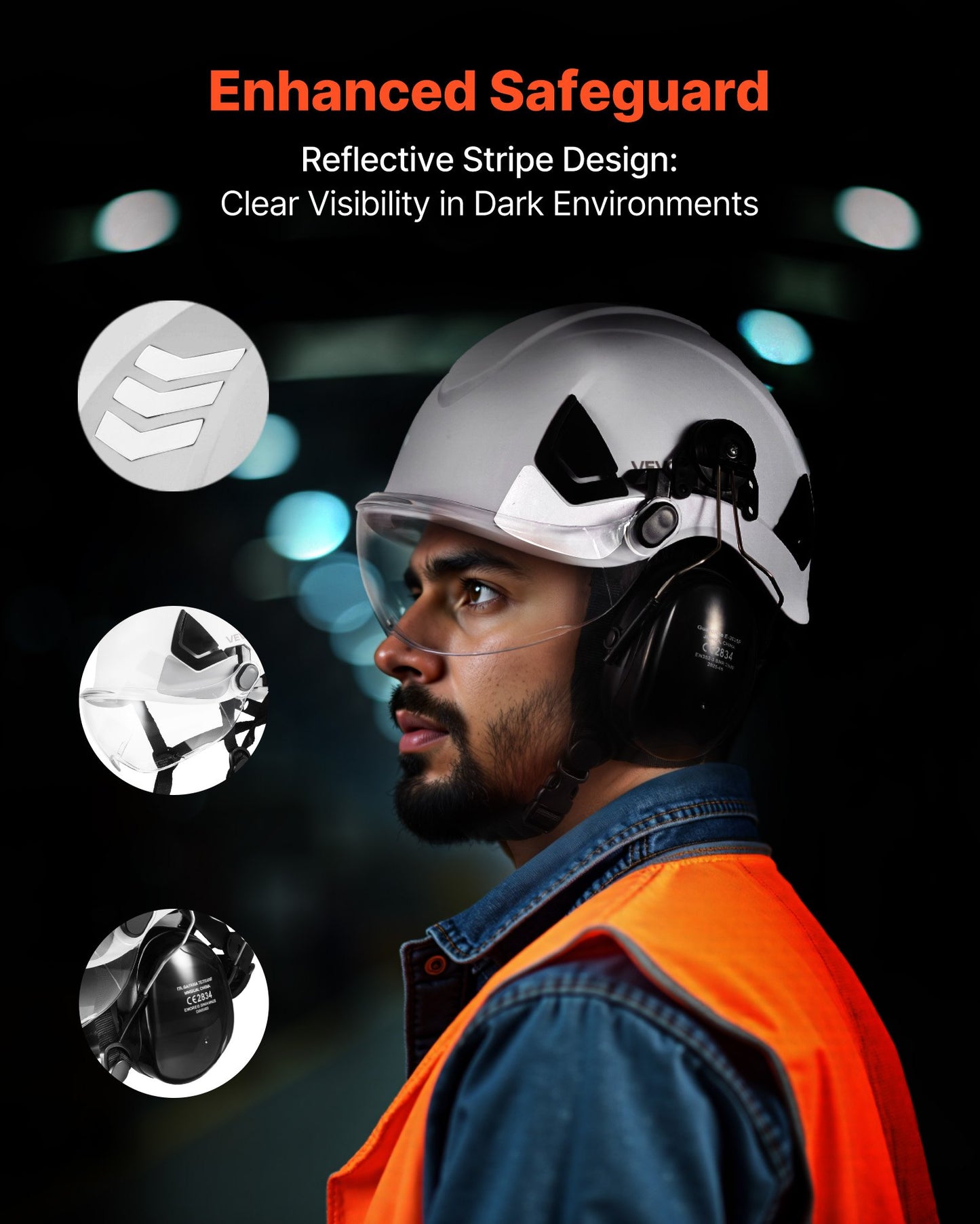 Industrial Safety Helmet, ANSI/ISEA Z89.1 Approved ABS Hard Hat with Visor & Earmuffs, 6-Point Ratchet Suspension, Adjustable Vented Hardhat for Men & Women, for Outdoor Construction Workwear