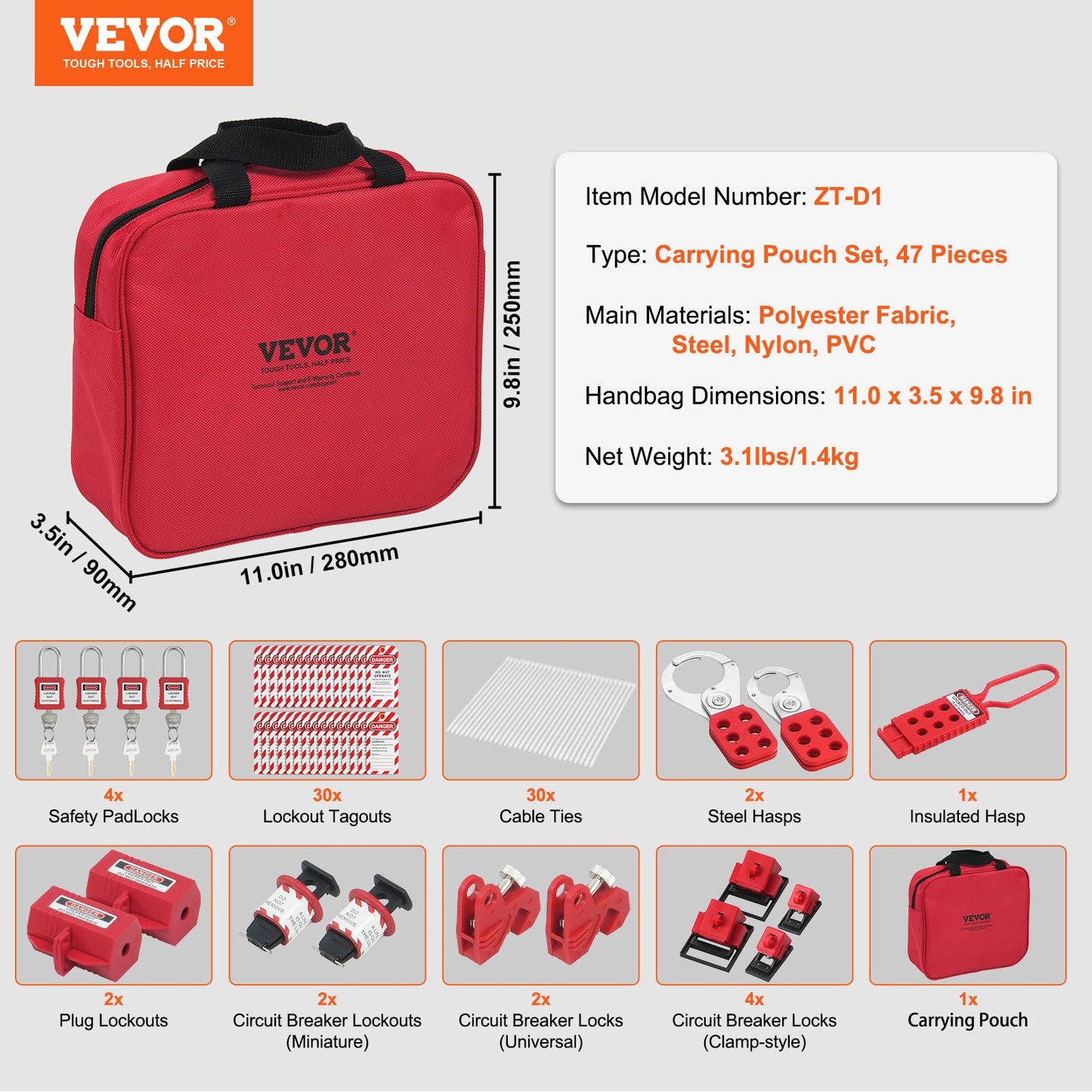 Electrical Lockout Tagout Kit, 47 PCS Safety Loto Kit Includes Padlocks, Hasps, Tags, Nylon Ties, Plug Lockouts, Circuit Breaker Lockouts, and Carrying Bag, for Industrial, Electric Power