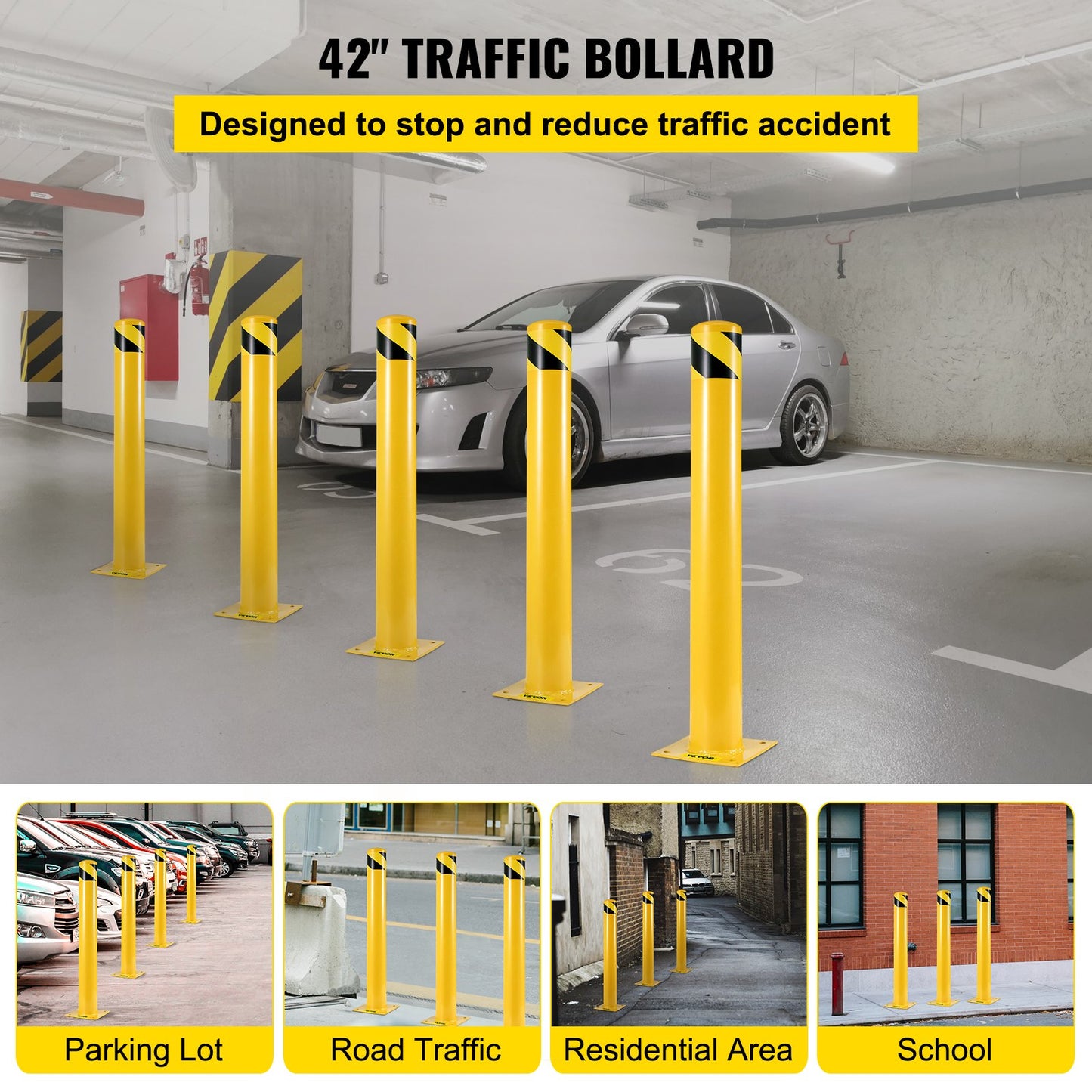 42"x5.5" Safety Bollard, 5-1/2" OD 42" Height Safety Barrier Bollard, Yellow Powder Coat Pipe Steel Safety Barrier, with 4 Free Anchor Bolts, for Traffic-Sensitive Area