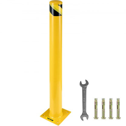 Safety Bollard 122 cm x 14 cm, Safety Barrier Bollard 14 cm OD 122 cm Height, Yellow Powder Coat Pipe Steel Safety Barrier, with 4 Anchor Bolts, for Traffic-Sensitive Area
