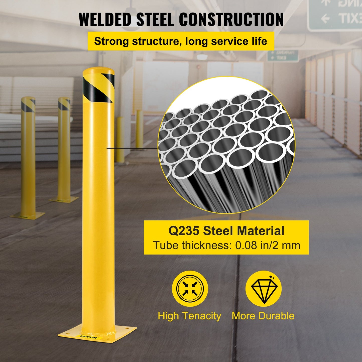 Safety Bollard 122 cm x 14 cm, Safety Barrier Bollard 14 cm OD 122 cm Height, Yellow Powder Coat Pipe Steel Safety Barrier, with 4 Anchor Bolts, for Traffic-Sensitive Area