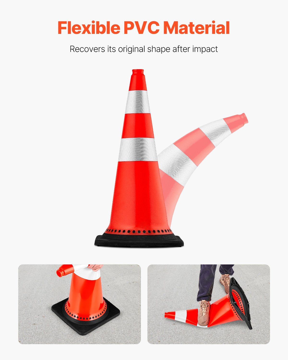 Safety Cones, 8 x 30\" Traffic Cones, PVC Orange Construction Cones, Reflective Collars Traffic Cones with Black Weighted Base Used for Traffic Control, Driveway Road Parking and School Improvem
