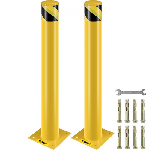 Safety Bollard, 36 Inch Height Bollard Post, 4.5 Inch Diameter Steel Pipe Safety Bollard Post, Yellow Steel Bollard, Steel Safety Bollard with 8 Anchor Bolts, Perfect for Traffic-Sensitive Area