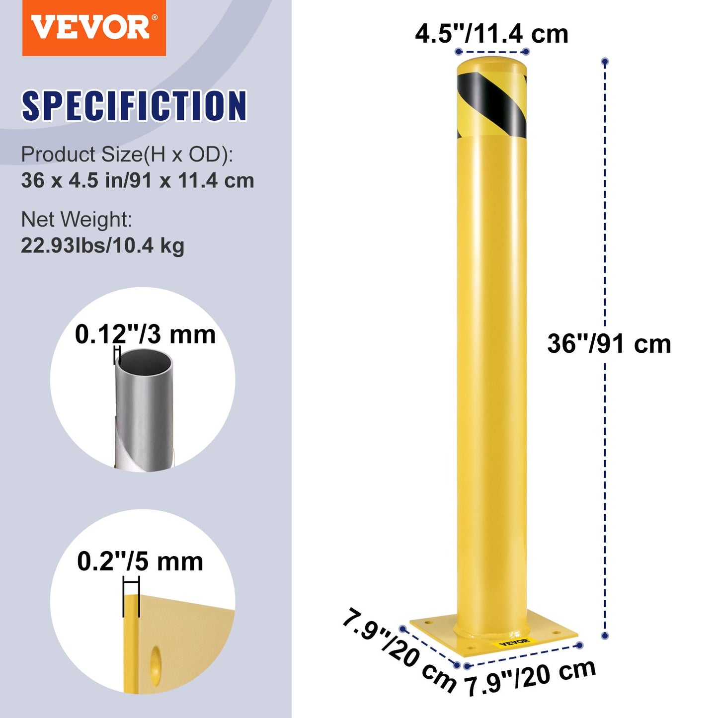 Safety Bollard, 36 Inch Height Bollard Post, 4.5 Inch Diameter Steel Pipe Safety Bollard Post, Yellow Steel Bollard, Steel Safety Bollard with 8 Anchor Bolts, Perfect for Traffic-Sensitive Area