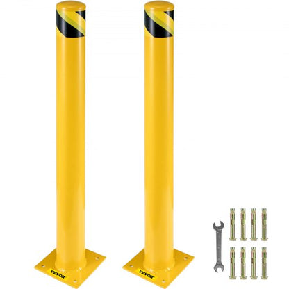 Safety Bollard, 48 Inch Height Bollard Post, 4.5 Inch Diameter Steel Pipe Safety Bollard Post, Yellow Steel Bollard, Steel Safety Bollard with 8 Anchor Bolts, Perfect for Traffic-Sensitive Area