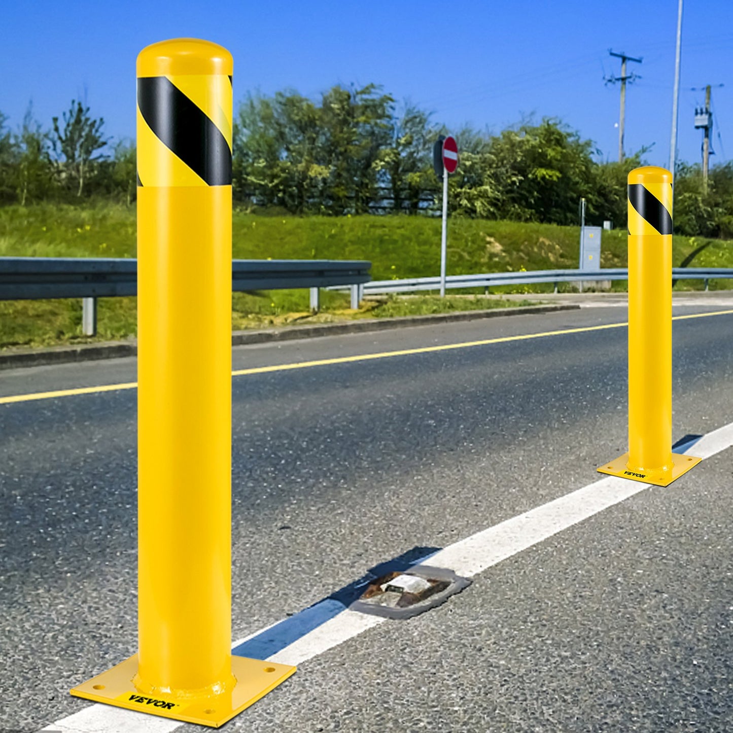 Safety Bollard, 48 Inch Height Bollard Post, 4.5 Inch Diameter Steel Pipe Safety Bollard Post, Yellow Steel Bollard, Steel Safety Bollard with 8 Anchor Bolts, Perfect for Traffic-Sensitive Area