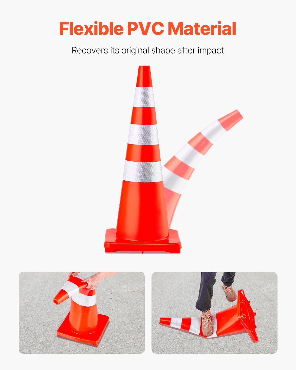 Säkerhetskoter, 6 x 36" trafikkoner, PVC orange konstruktionskoter, reflexkragar. Trafikkoner med viktad bas. Används för trafikreglering, uppfartsparkering och skolförbättring.