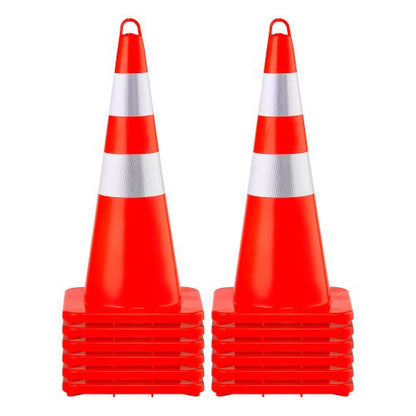 Safety Cones, 12 x 28\" Traffic Cones, PVC Orange Construction Cones, 2 Reflective Collars Traffic Cones with Weighted Base and Hand-Held Ring Used for Traffic Control, Driveway Road Parking