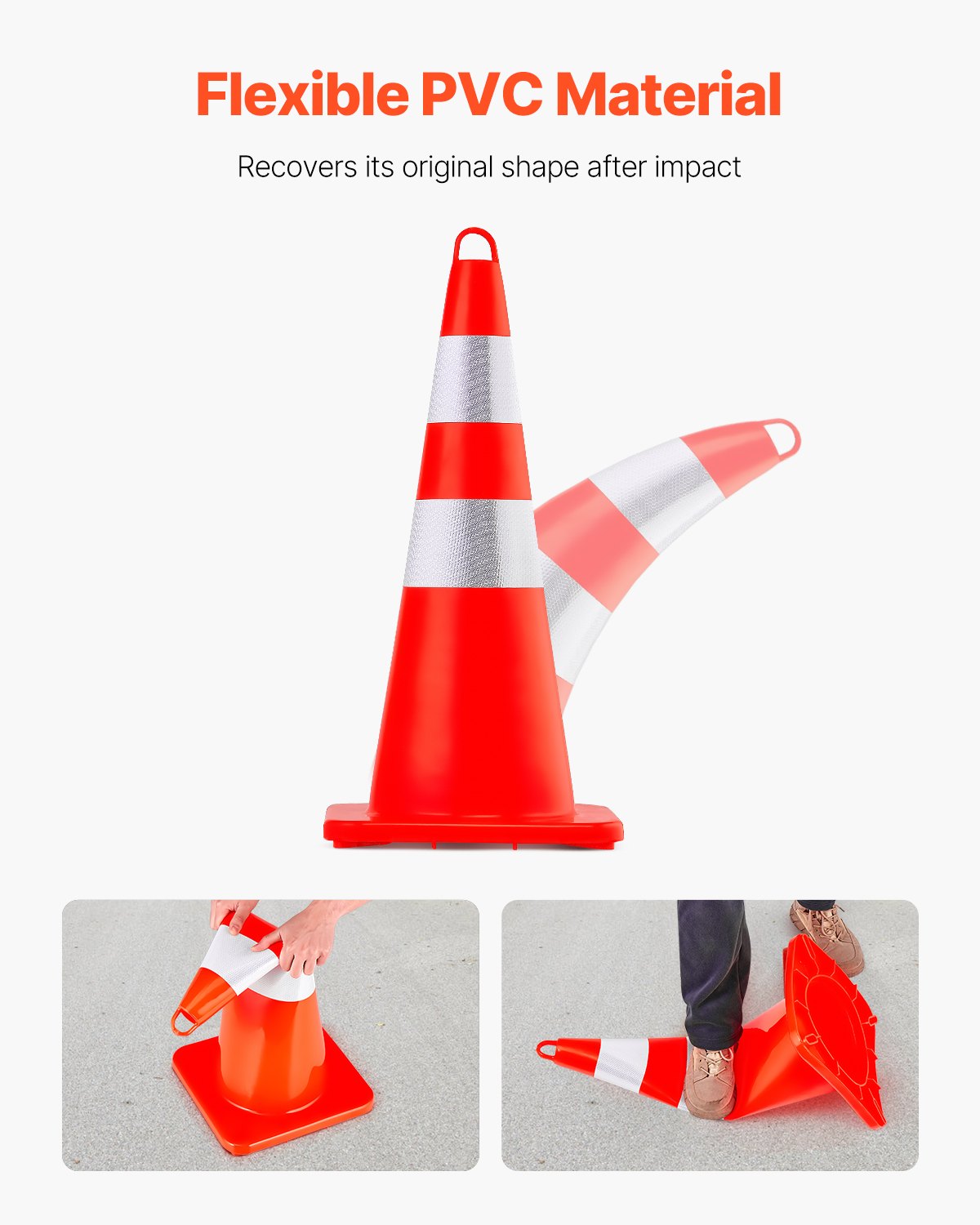 Safety Cones, 12 x 28\" Traffic Cones, PVC Orange Construction Cones, 2 Reflective Collars Traffic Cones with Weighted Base and Hand-Held Ring Used for Traffic Control, Driveway Road Parking