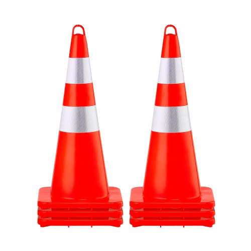 Safety Cones, 6 x 28\" Traffic Cones, PVC Orange Construction Cones, 2 Reflective Collars Traffic Cones with Weighted Base and Hand-Held Ring Used for Traffic Control, Driveway Road Parking