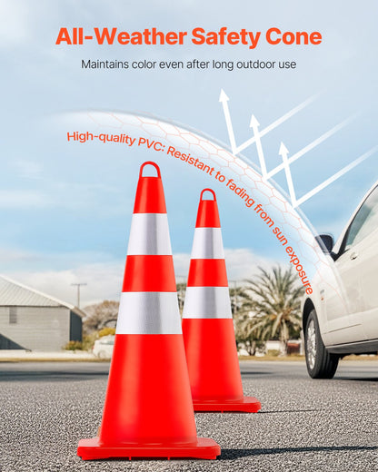 Safety Cones, 6 x 28\" Traffic Cones, PVC Orange Construction Cones, 2 Reflective Collars Traffic Cones with Weighted Base and Hand-Held Ring Used for Traffic Control, Driveway Road Parking