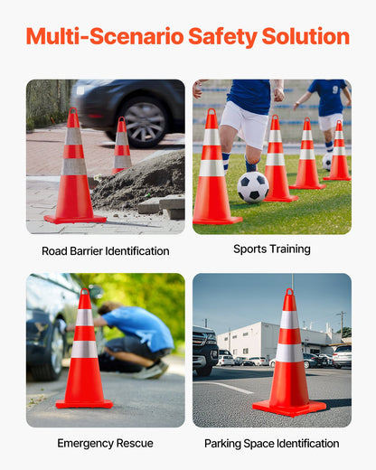 Safety Cones, 6 x 28\" Traffic Cones, PVC Orange Construction Cones, 2 Reflective Collars Traffic Cones with Weighted Base and Hand-Held Ring Used for Traffic Control, Driveway Road Parking