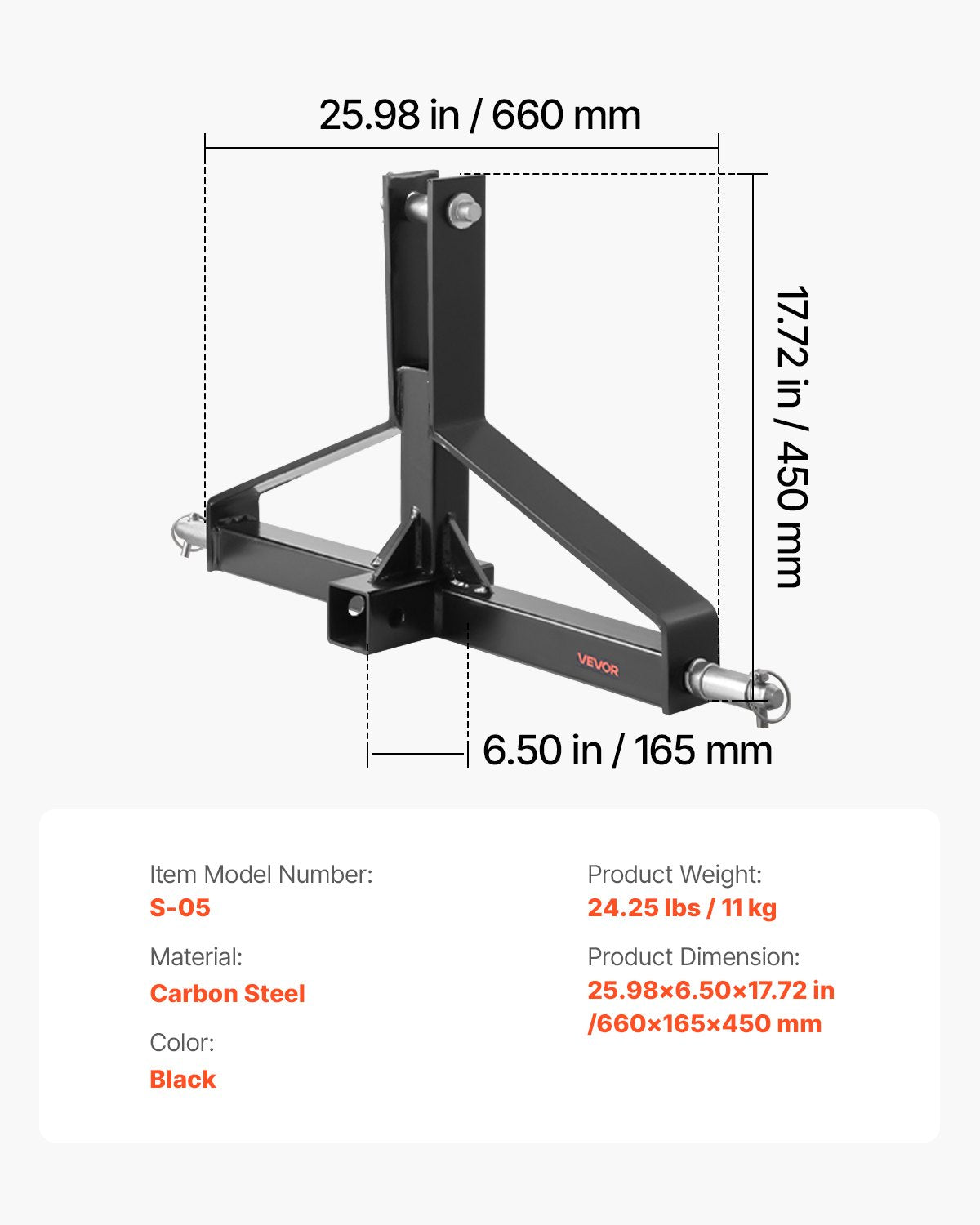 3-punkts dragkrok med 5 cm fäste, 3-punkts snabbkoppling för traktorer i kategori 1, kapacitet 1460 kg, dragstångsadapter, kompatibel med Kubota, Mahindra, Ford, Yanmar, John Deere