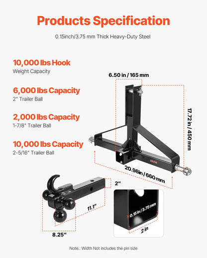 3 Point Trailer Hitch with 2 in Receiver, 3pt Quick Hitch Attachment, Heavy Duty Tractor Tow Drawbar Adapter, Compatible with Kubota, Mahindra, Ford, Yanmar, John Deere, Massey Ferguson