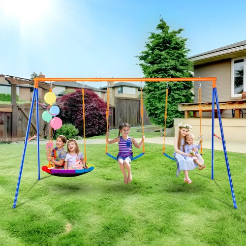 Swing Sets for Backyard, 600lbs Load Capacity Swing Set, with 1 Saucer Swing Seat, 2 Belt Swing Seats, Heavy Duty A-Frame Metal Swing Stand and Adjustable Rope, Swingset Outdoor for Kids