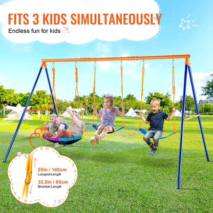 Swing Sets for Backyard, 600lbs Load Capacity Swing Set, with 1 Saucer Swing Seat, 2 Belt Swing Seats, Heavy Duty A-Frame Metal Swing Stand and Adjustable Rope, Swingset Outdoor for Kids