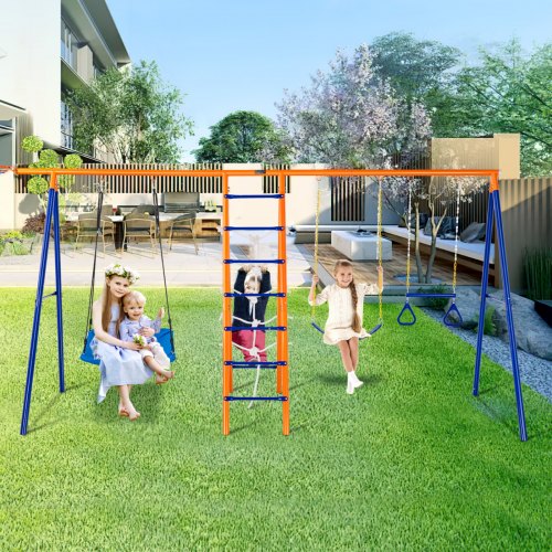 Swing Sets for Backyard, 6 in 1 Swing Set with 2 Swings, Trapeze Bar, Climbing Ladder, Climbing Net, and Basketball Hoop, 440lbs Load Capacity Heavy-Duty Metal Swingset Outdoor for Kids Ages 3+