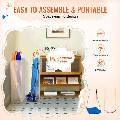 Gungställningar för bakgården, 6-i-1 gungställning med 2 gungor, trapetsstång, klätterstege, klätternät och basketkorg, 180 kg lastkapacitet, kraftig metallgungställning för barn från 3 år