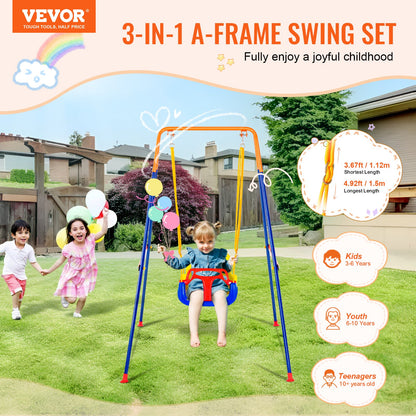 Swing Sets for Backyard, 3-in-1 Toddler Swing Set with 4 Sandbags, Foldable Metal Stand, Easy to Assemble, Swingset Indoor/Outdoor for Kids 3-6 Years, Youth 6-10 Years and Teenagers 10+