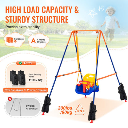 Swing Sets for Backyard, 3-in-1 Toddler Swing Set with 4 Sandbags, Foldable Metal Stand, Easy to Assemble, Swingset Indoor/Outdoor for Kids 3-6 Years, Youth 6-10 Years and Teenagers 10+