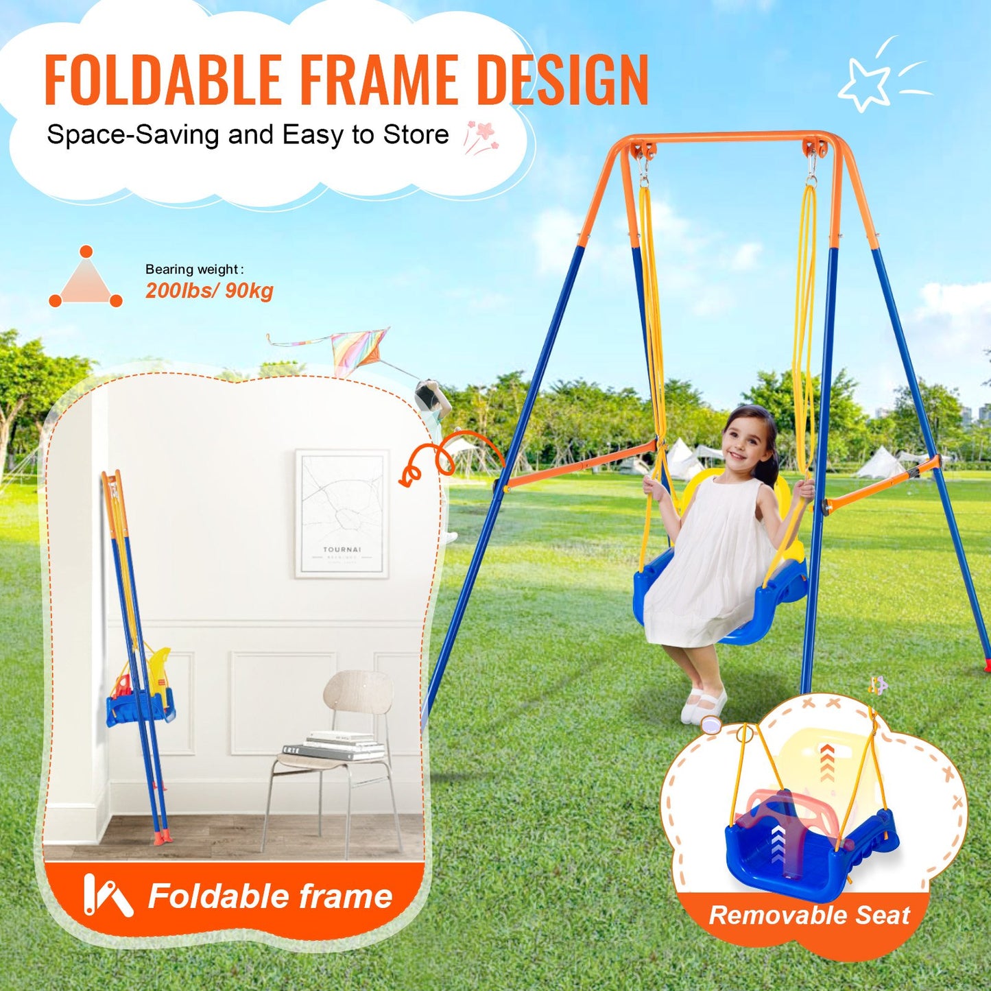 Swing Sets for Backyard, 3-in-1 Toddler Swing Set with 4 Sandbags, Foldable Metal Stand, Easy to Assemble, Swingset Indoor/Outdoor for Kids 3-6 Years, Youth 6-10 Years and Teenagers 10+