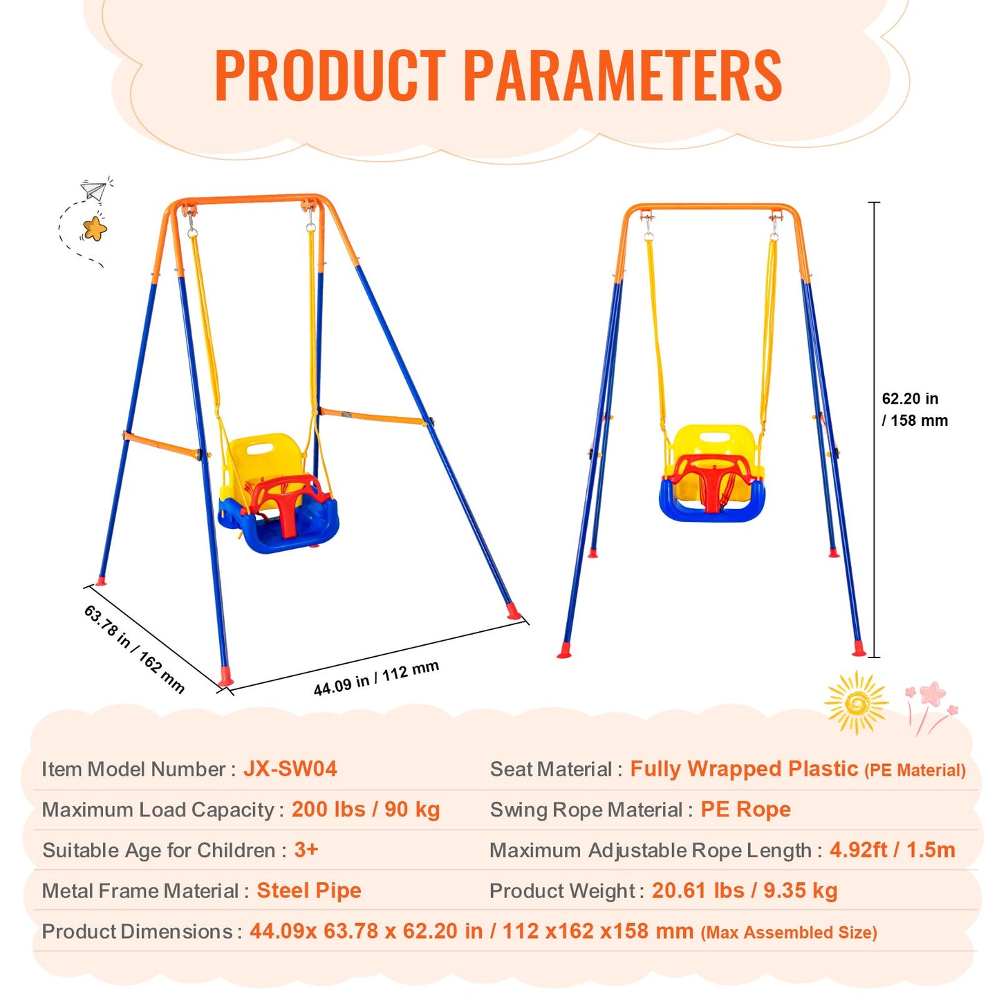 Swing Sets for Backyard, 3-in-1 Toddler Swing Set with 4 Sandbags, Foldable Metal Stand, Easy to Assemble, Swingset Indoor/Outdoor for Kids 3-6 Years, Youth 6-10 Years and Teenagers 10+