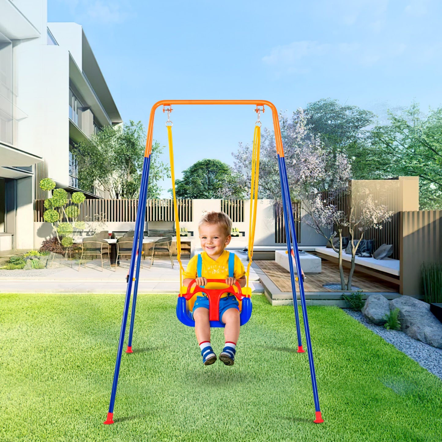 Swing Sets for Backyard, 3-in-1 Toddler Swing Set with 4 Sandbags, Foldable Metal Stand, Easy to Assemble, Swingset Indoor/Outdoor for Kids 3-6 Years, Youth 6-10 Years and Teenagers 10+